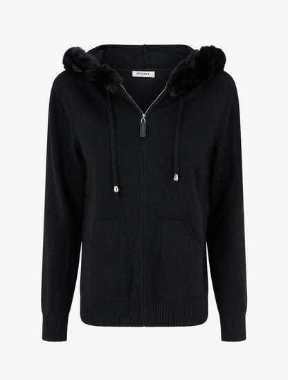 Sweat fin à capuche à fourrure et zip - Noir - 1