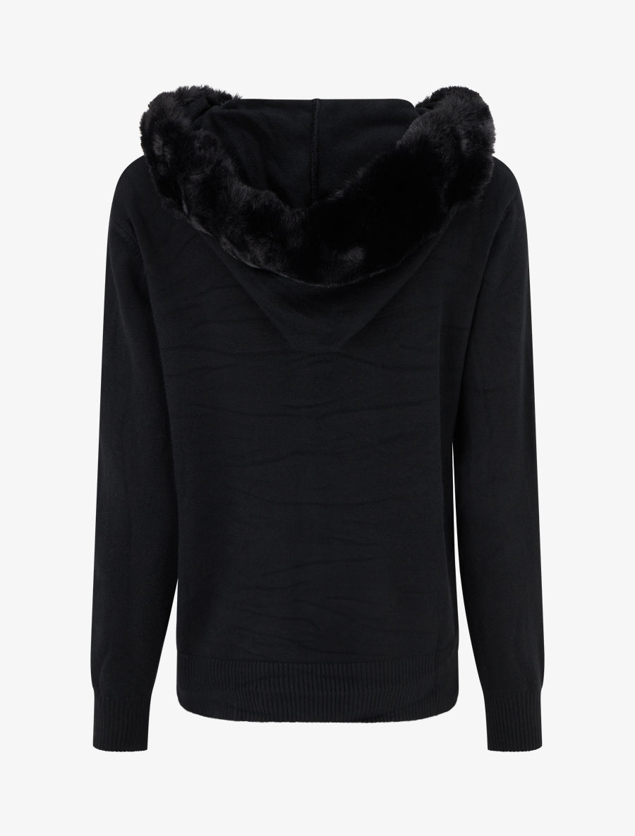 Sweat fin à capuche à fourrure et zip - Noir - 2