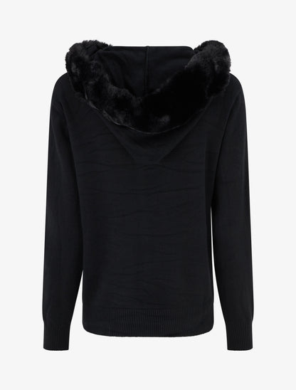 Sweat fin à capuche à fourrure et zip - Noir - 2