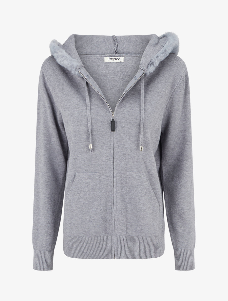 Sweat fin à capuche à fourrure et zip - Gris - 1