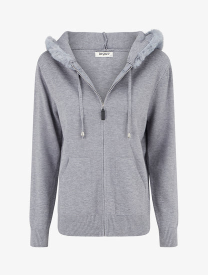 Sweat fin à capuche à fourrure et zip - Gris - 1