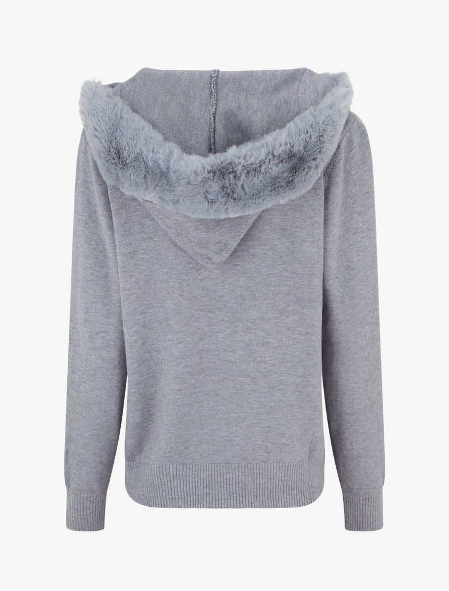 Sweat fin à capuche à fourrure et zip - Gris - 2