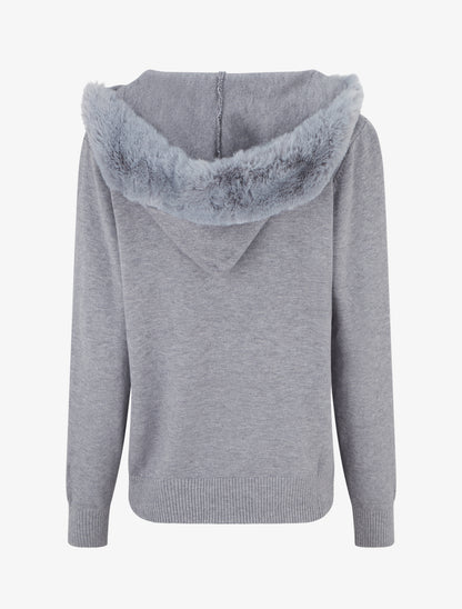 Sweat fin à capuche à fourrure et zip - Gris - 2