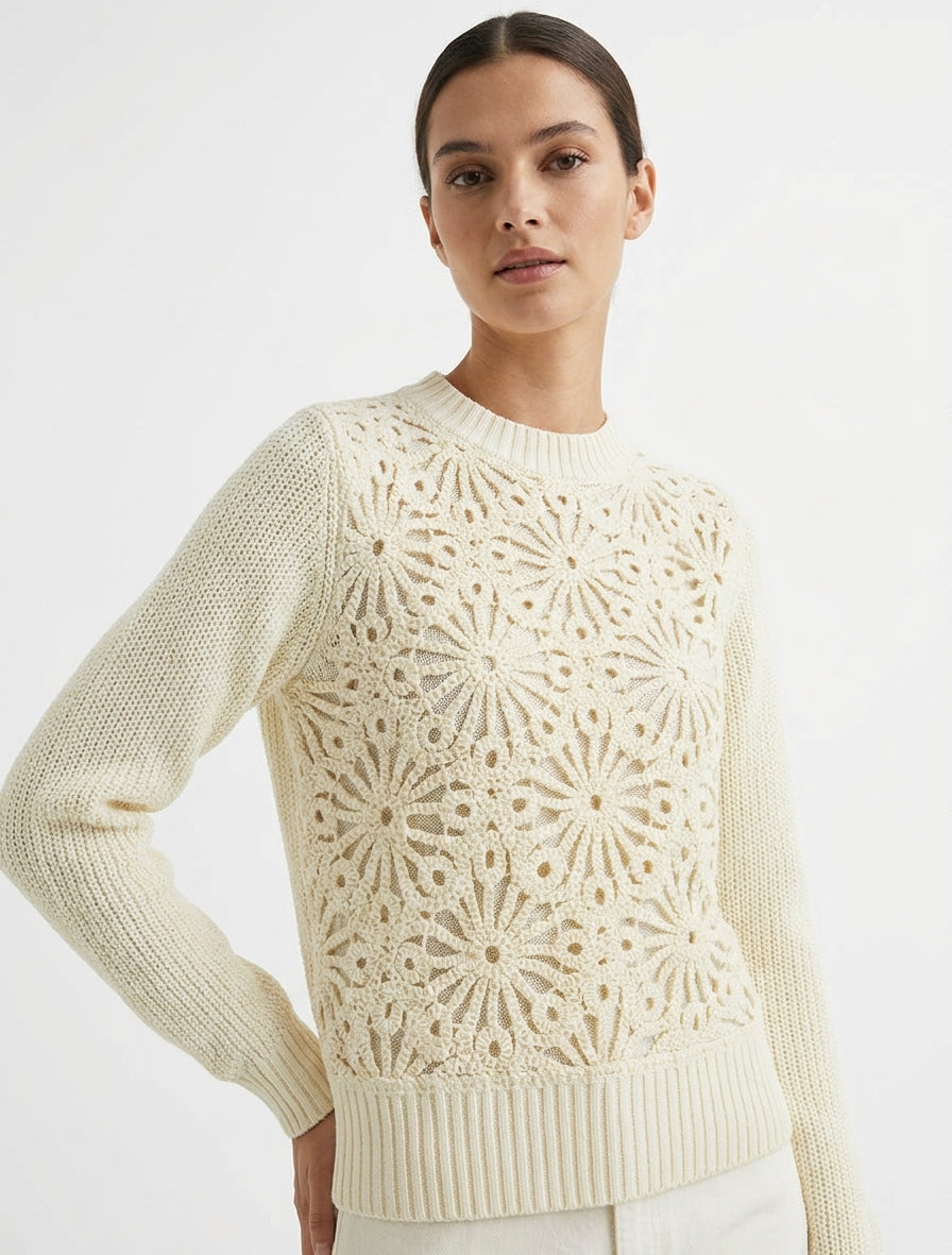 Maglione in cotone con macramè a motivo floreale. - Ecrù