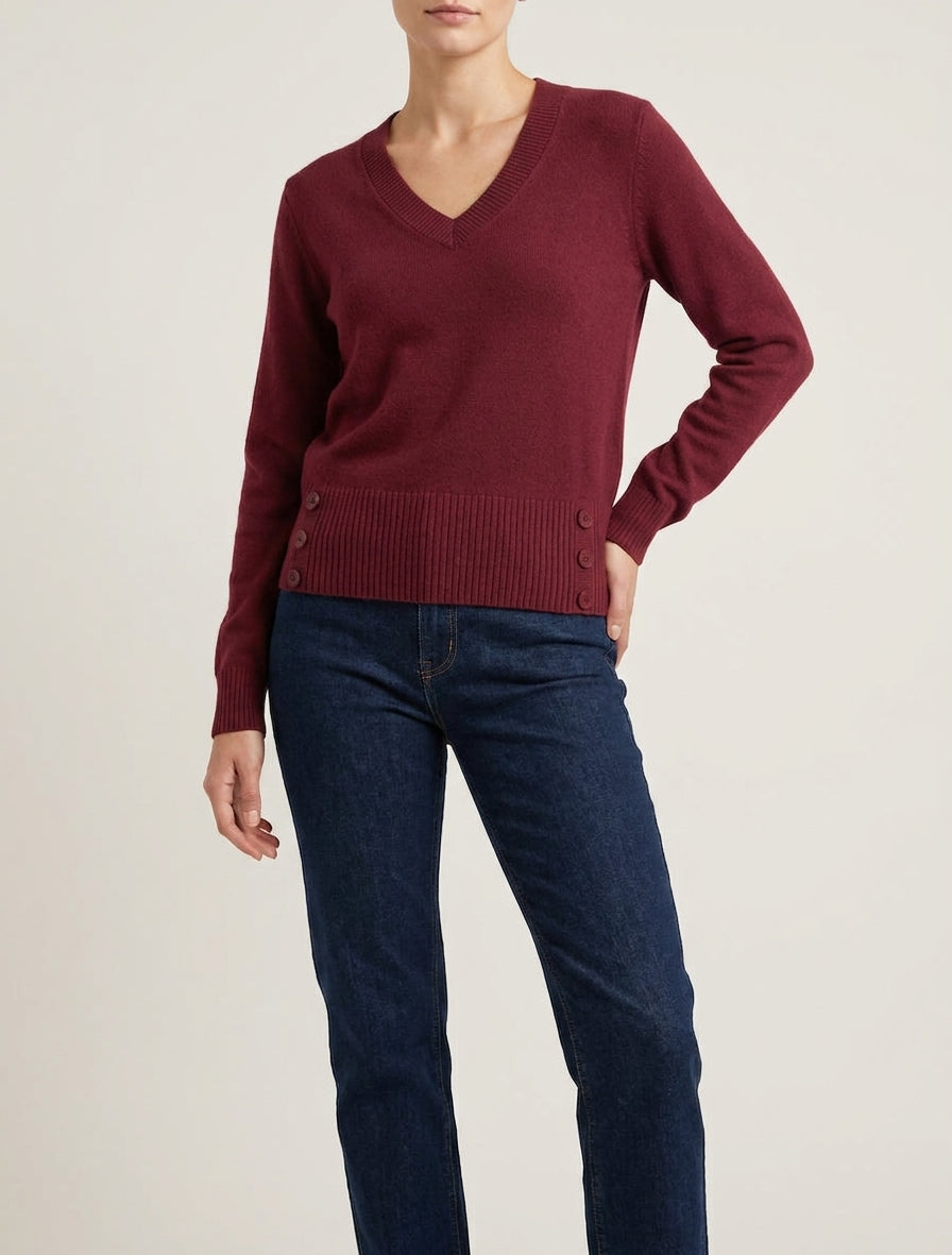 Maglione dritto con scollo a V e bottoni decorativi - Bordeaux