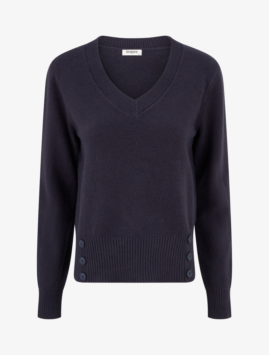 Pull droit à col V et boutons décoratifs - Bleu nuit - 1