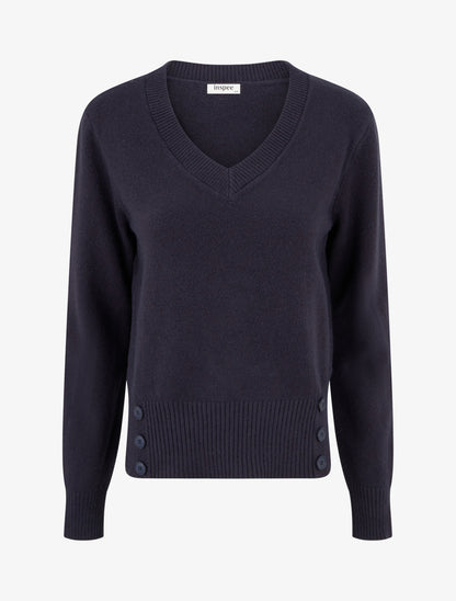 Pull droit à col V et boutons décoratifs - Bleu nuit - 1