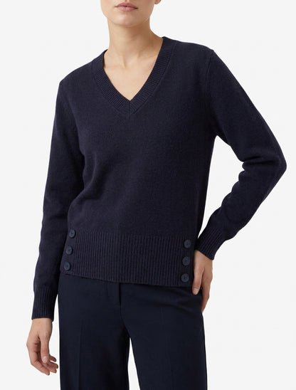 Maglione dritto con scollo a V e bottoni decorativi - Blu notte