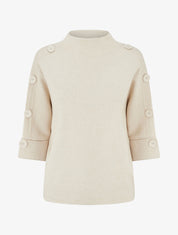 Pull à manches 3/4 à boutons et col montant - Beige - 1