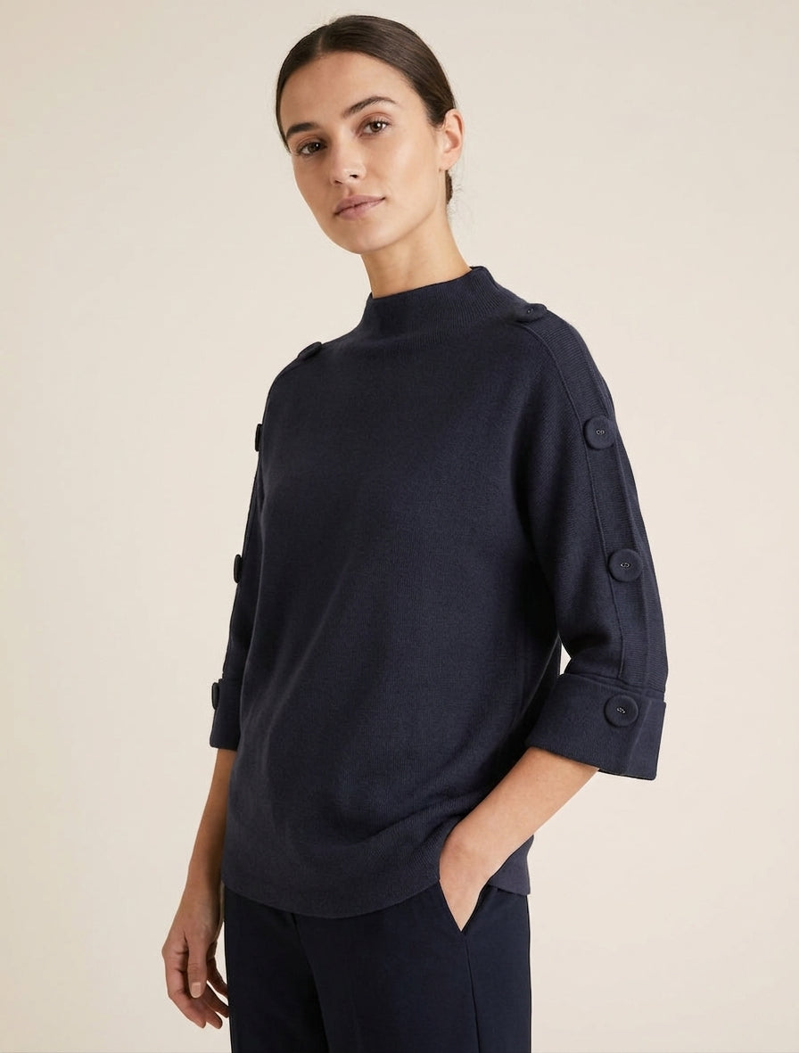 Maglione a maniche 3/4 con bottoni e collo alto. - Blu notte