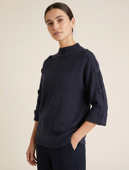 Maglione a maniche 3/4 con bottoni e collo alto. - Blu notte