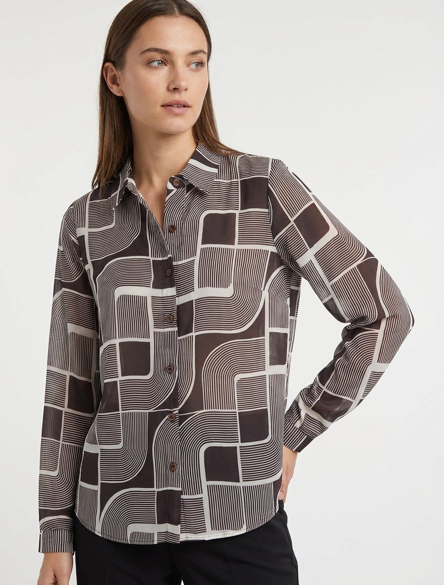 Camicia fluida trasparente con stampa grafica - Cioccolato