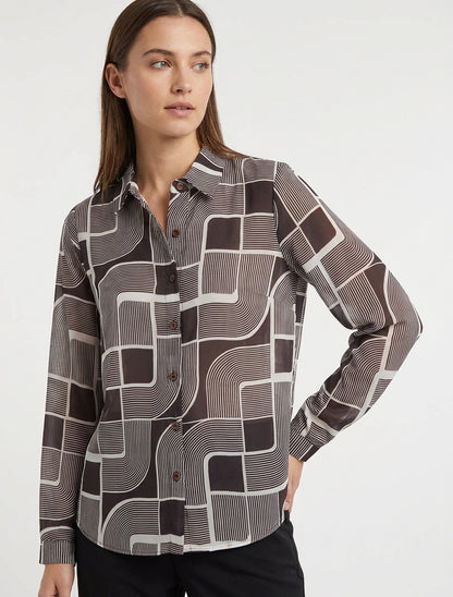 Camicia fluida trasparente con stampa grafica - Cioccolato