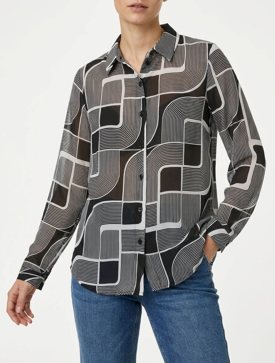 Camicia fluida trasparente con stampa grafica - Nero