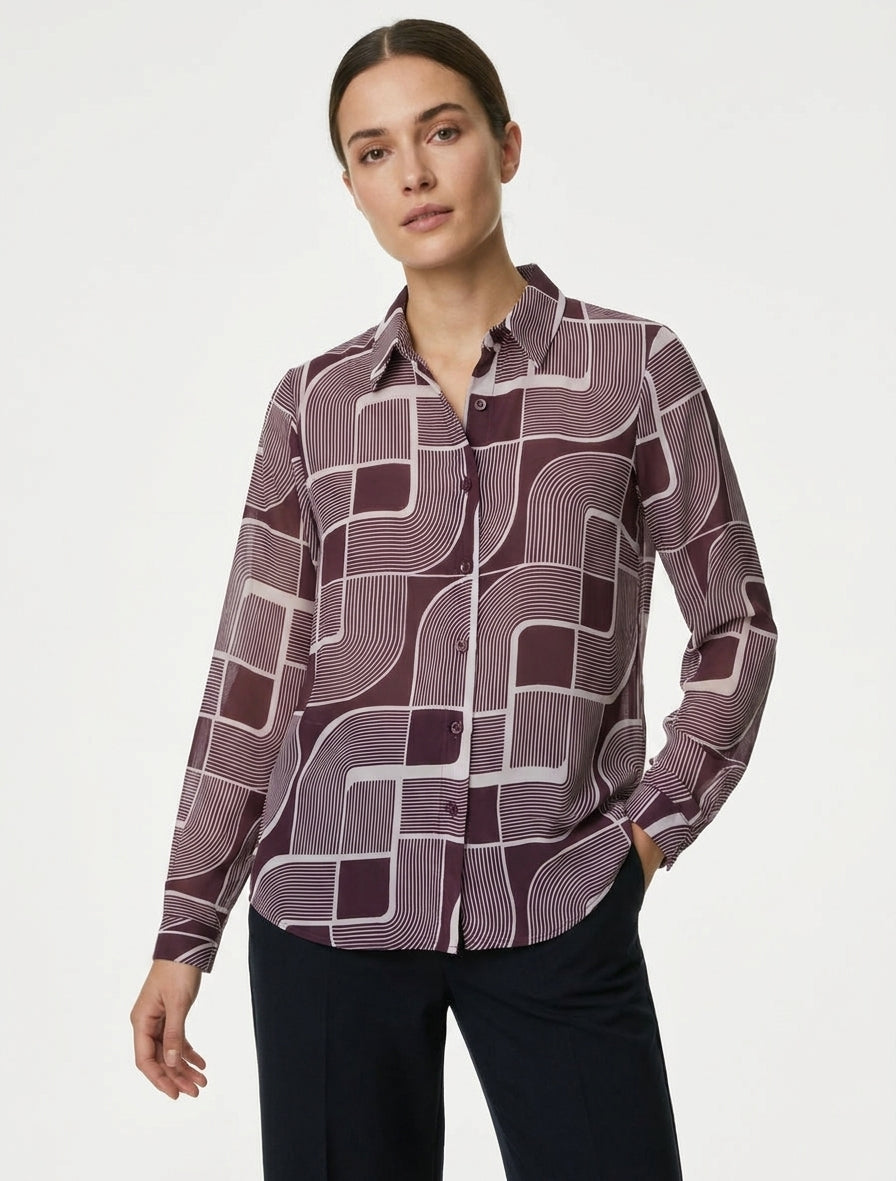 Camicia fluida trasparente con stampa grafica - Prugna