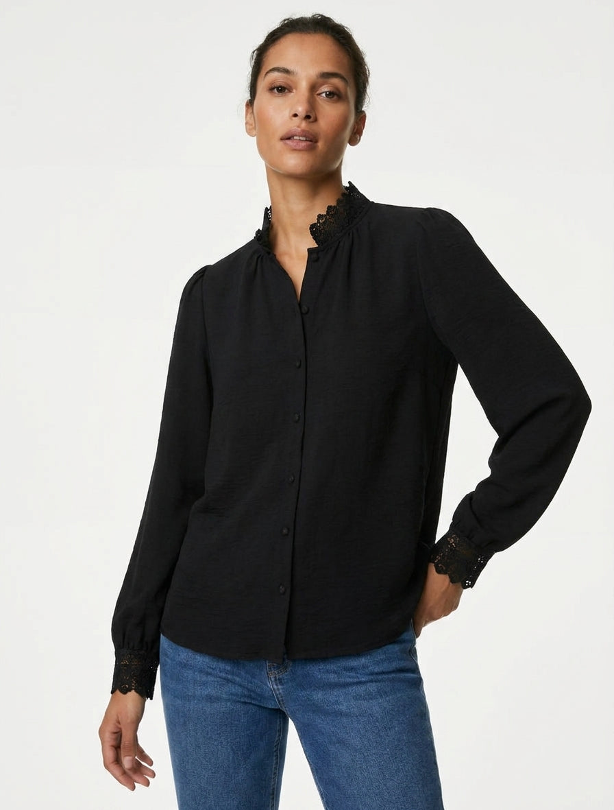 Blusa fluida con collo alla coreana in pizzo - Nero