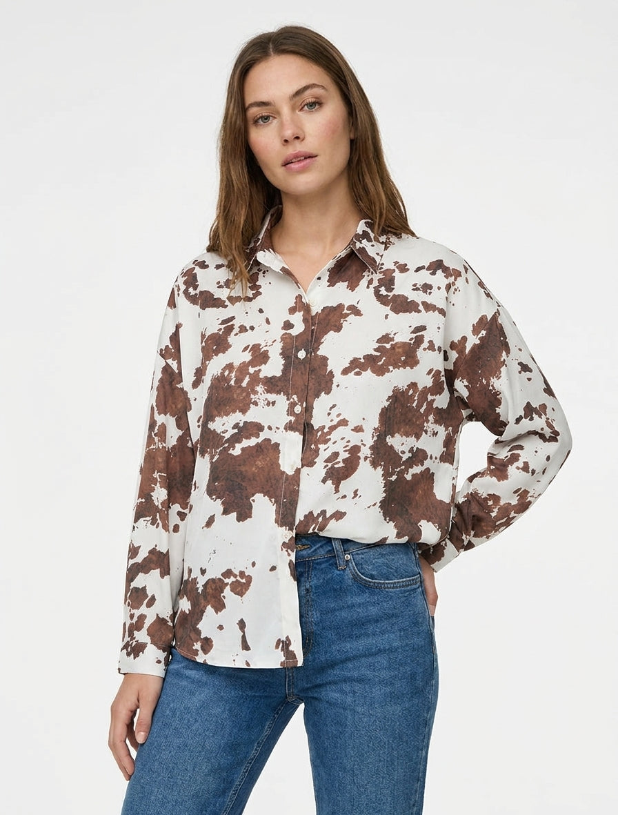Camicia fluida satinata stampa mucca - Marrone