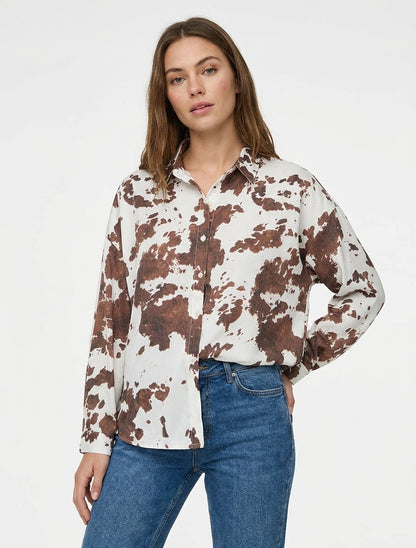 Camicia fluida satinata stampa mucca - Marrone
