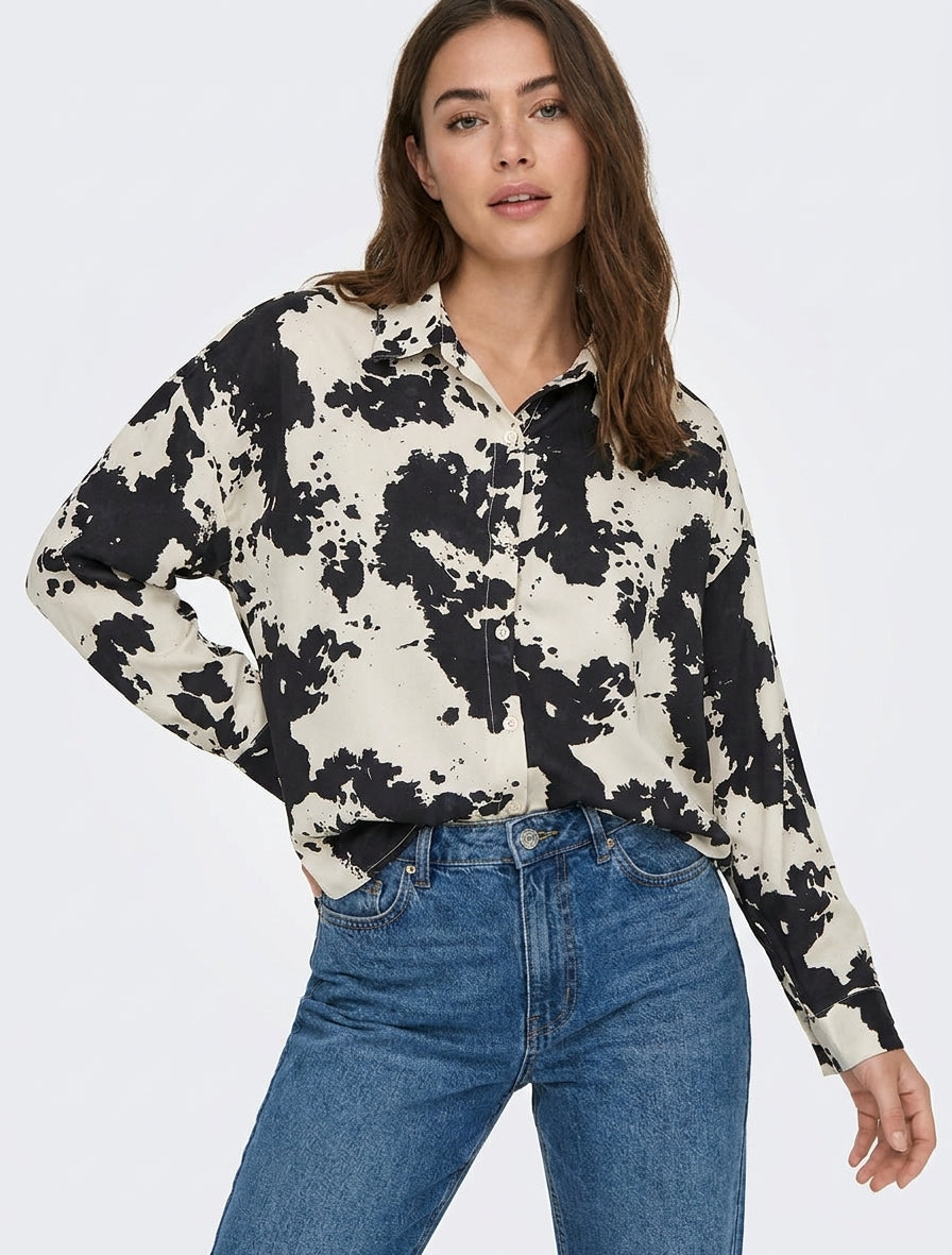 Camicia fluida satinata stampa mucca - Nero
