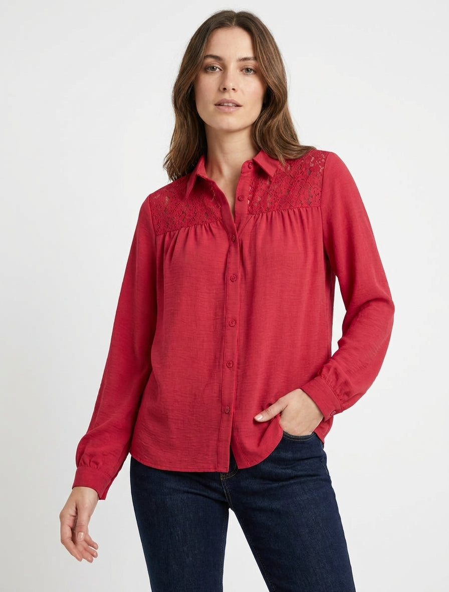 Camicia fluida con inserto in pizzo - Rosso