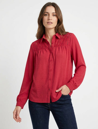 Camicia fluida con inserto in pizzo - Rosso