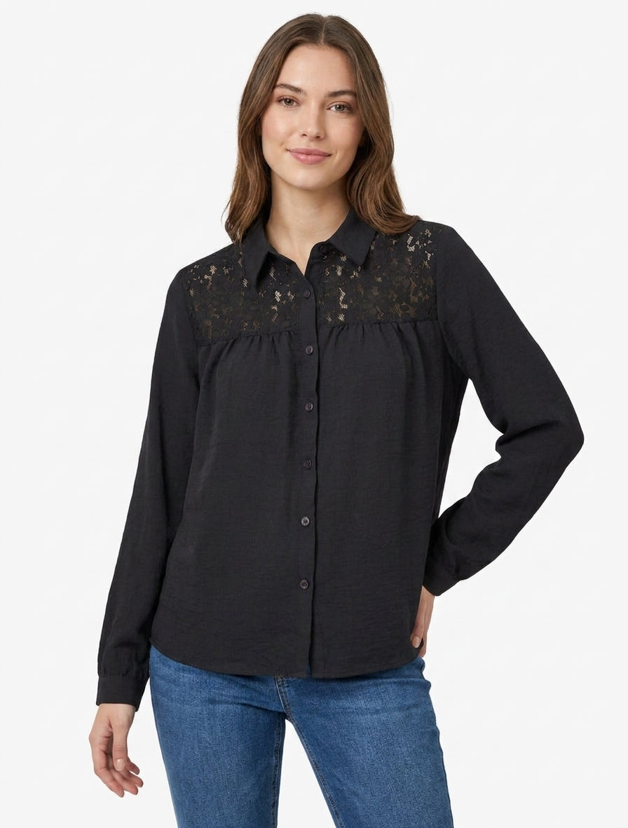 Camicia fluida con inserto in pizzo - Nero