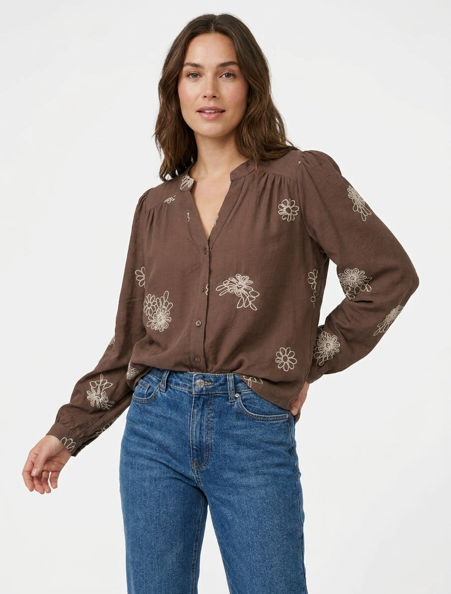 Blusa fluida con ricami floreali - Marrone