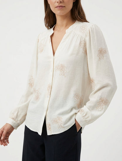 Blusa fluida con ricami floreali - Ecrù