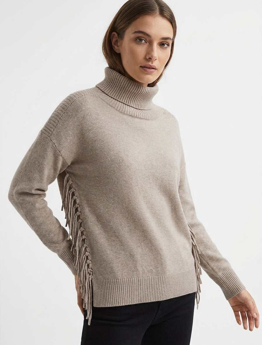 Maglione a tinta unita con frange e collo alto. - Talpa