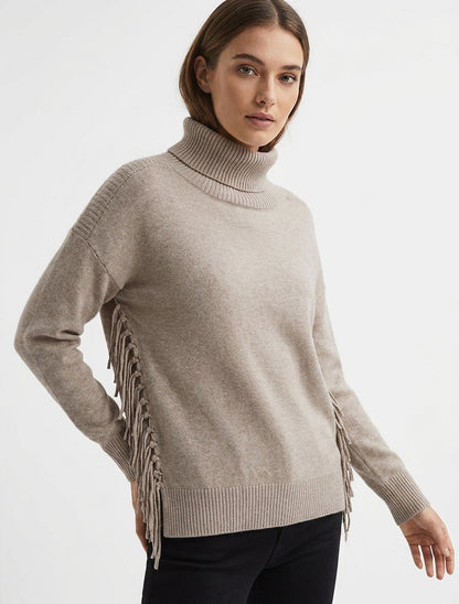 Maglione a tinta unita con frange e collo alto. - Talpa