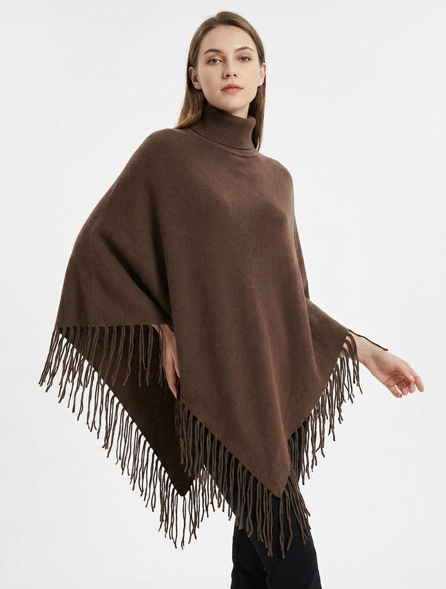 Poncho oversize con frange - Marrone