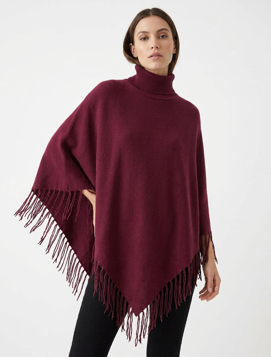 Poncho oversize con frange - Feccia di vino