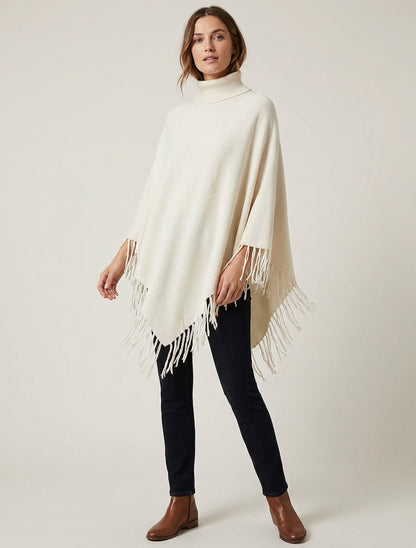 Poncho oversize con frange - Ecrù
