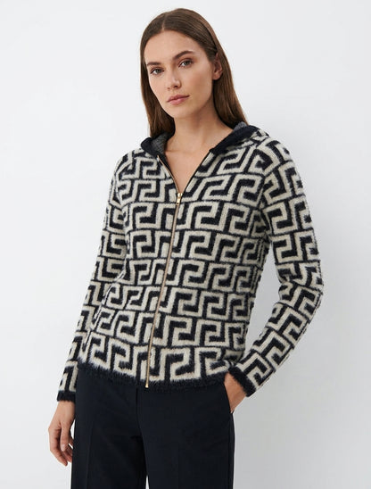 Felpa con cappuccio in maglia soffice con stampa grafica - Nero