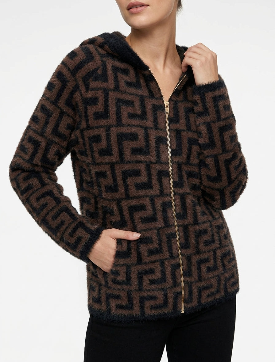 Felpa con cappuccio in maglia soffice con stampa grafica - Marrone