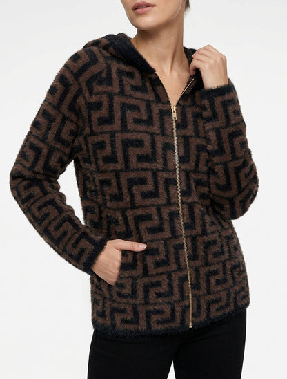 Felpa con cappuccio in maglia soffice con stampa grafica - Marrone