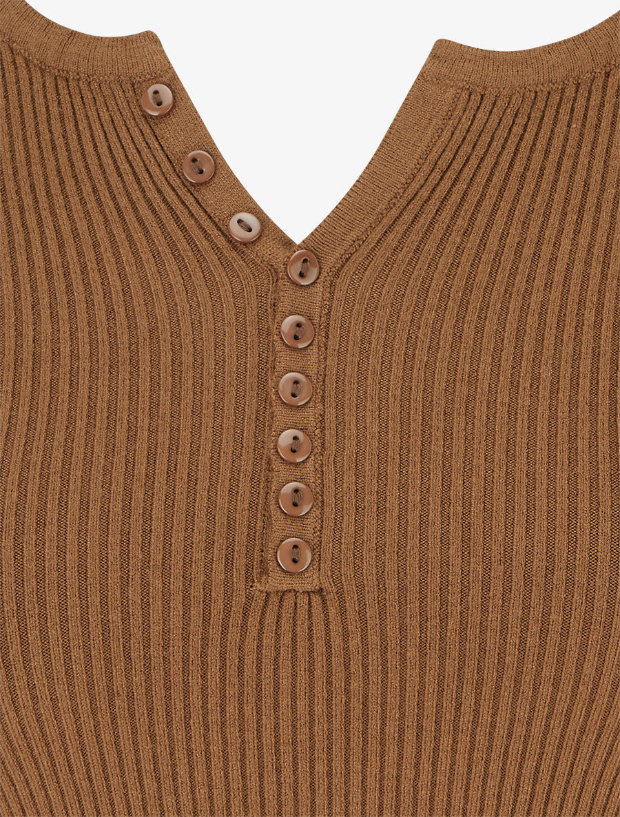 Pull ajusté et côtelé à col tunisien - Camel - 3