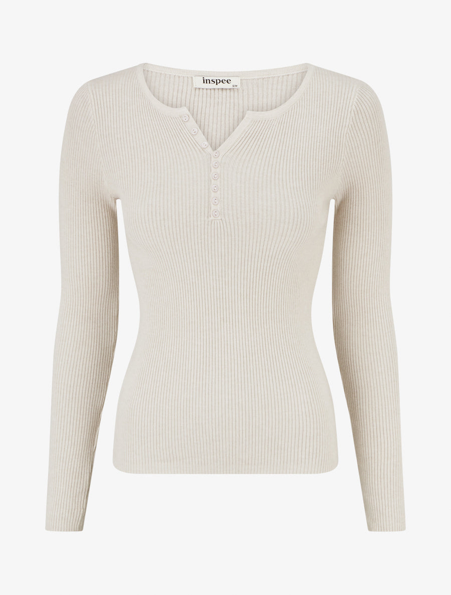 Pull ajusté et côtelé à col tunisien - Beige - 1