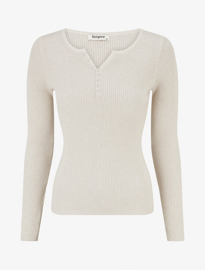 Pull ajusté et côtelé à col tunisien - Beige - 1