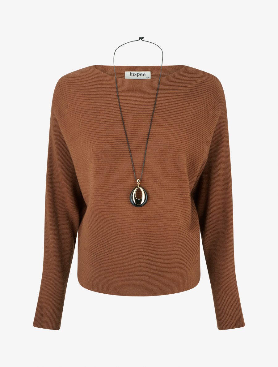 Pull droit en maille côtelée à manches chauve-souris - Camel - 1