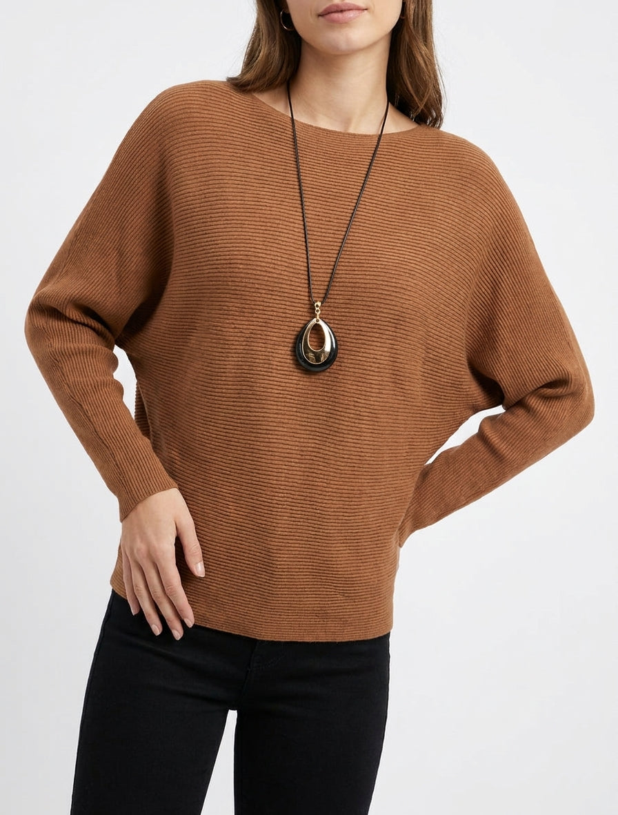 Maglione dritto in maglia a coste con maniche a pipistrello - Chameau