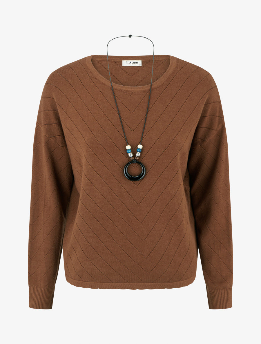 Pull droit en maille stylisée à col rond - Camel - 1