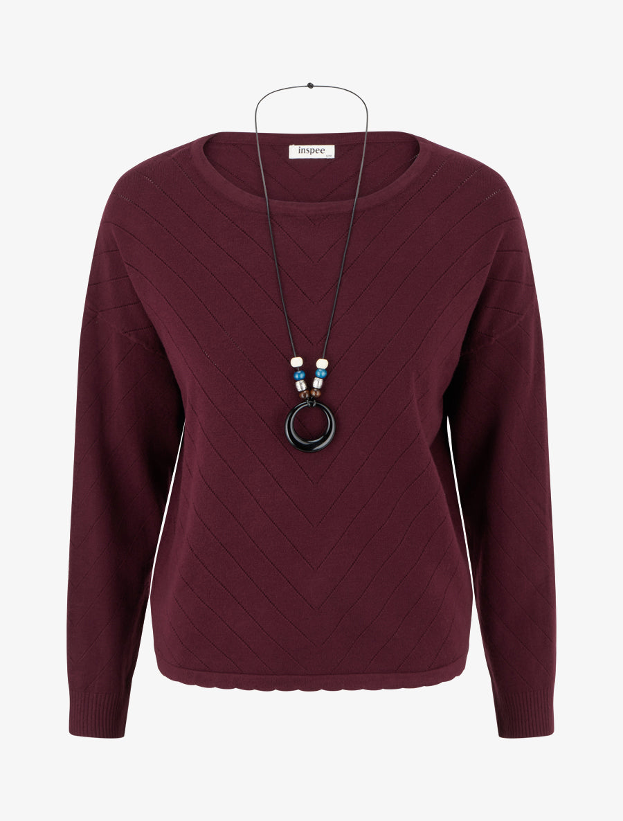 Pull droit en maille stylisée à col rond - Lie de vin - 1