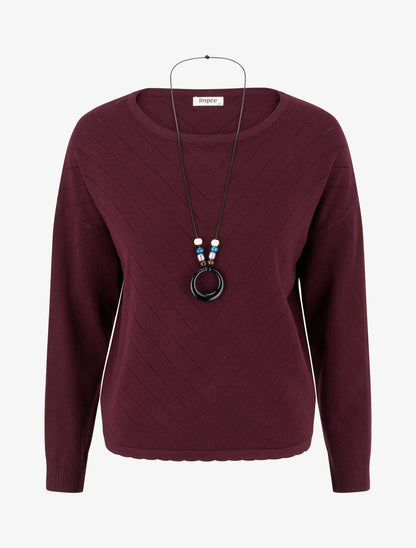 Pull droit en maille stylisée à col rond - Lie de vin - 1