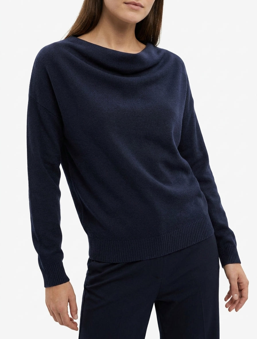 Maglia dritta con collo a cascata - Marina