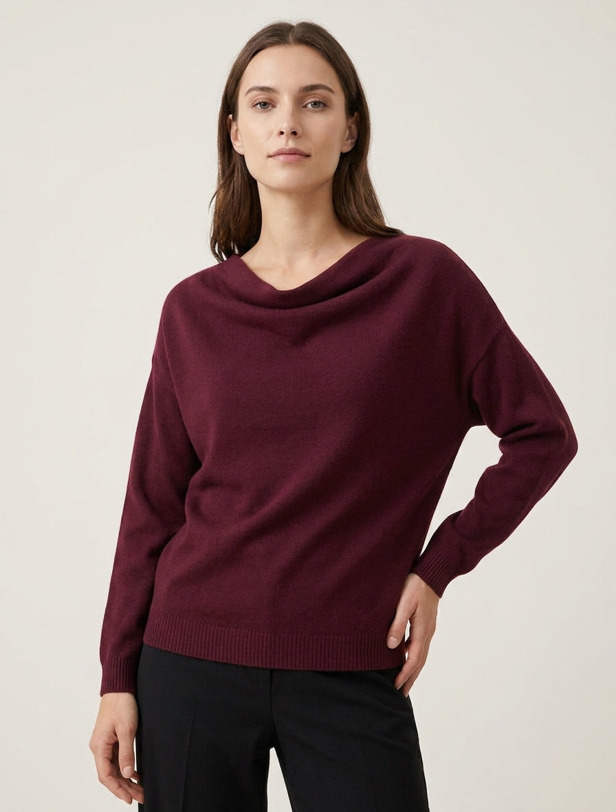 Maglia dritta con collo a cascata - Feccia di vino