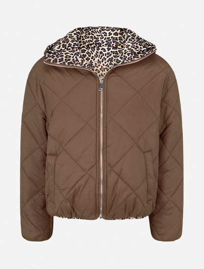 Doudoune zippée matelassée avec doublure léopard - Marron clair - 1