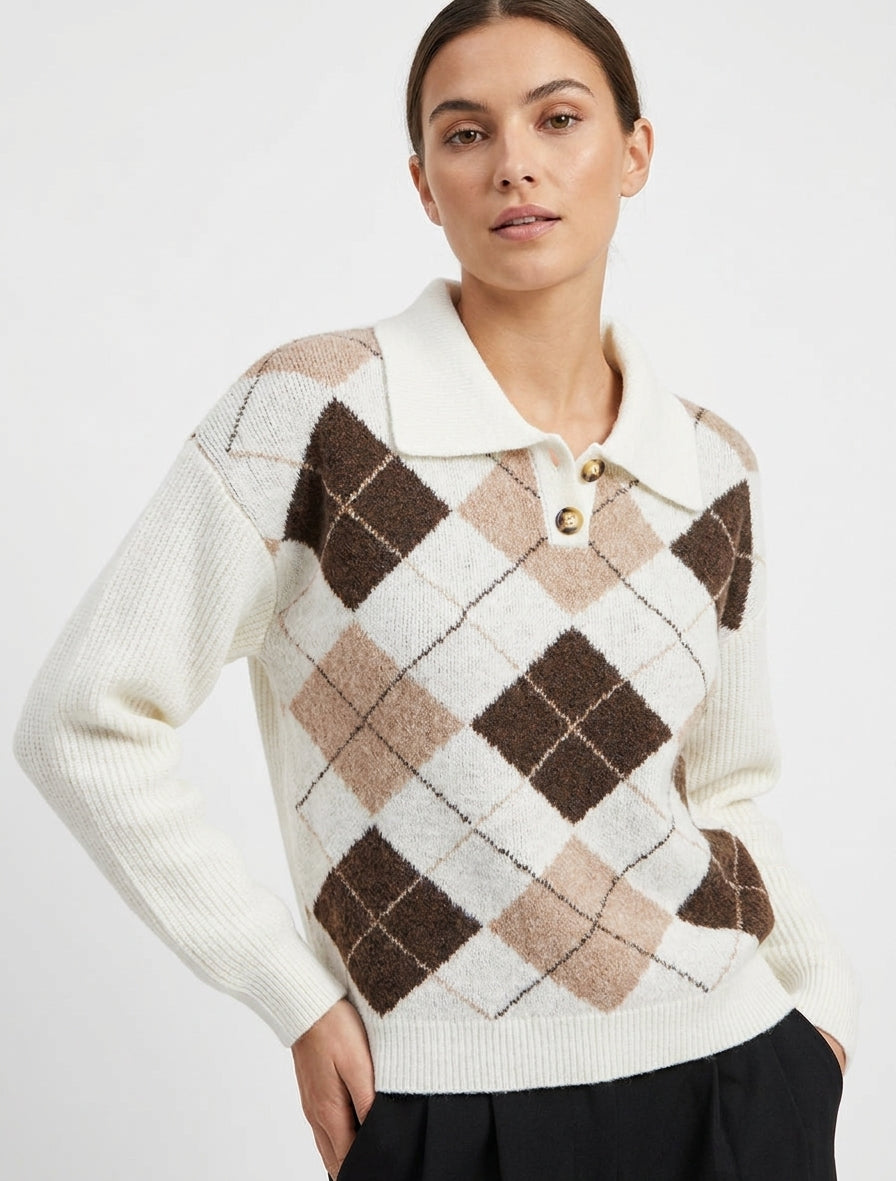 Maglia a quadri con collo alla coreana - Bianco