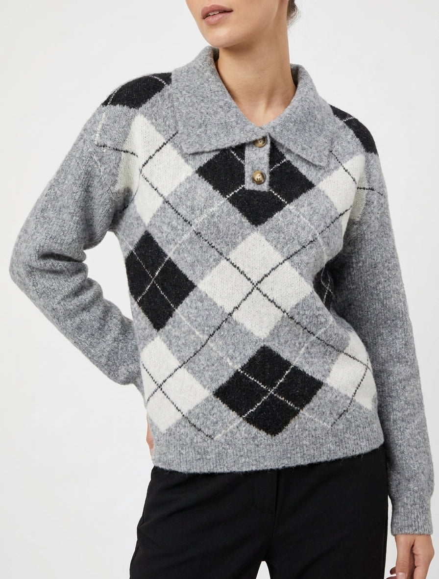 Maglia a quadri con collo alla coreana - Grigio