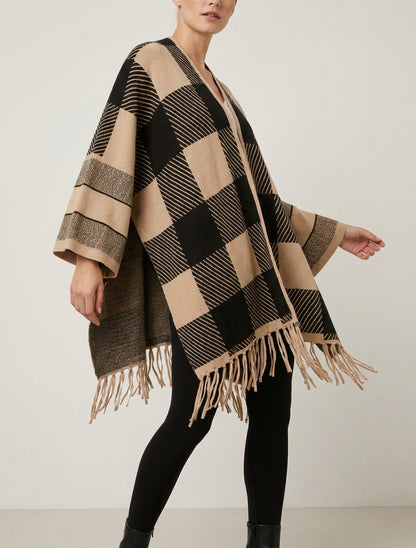 Poncho con stampa grafica e frange - Beige